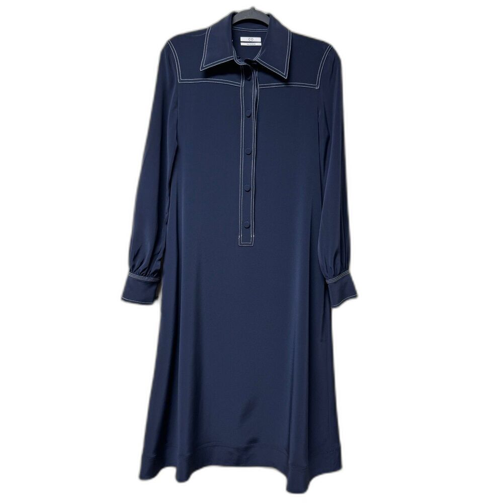 CO COLLECTION Navy Shirt Dress Contrasting Stitching Long Sleeve Midi